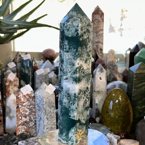 Moss Agate Crystal Tower With Druzy! - Picture 6 of 13
